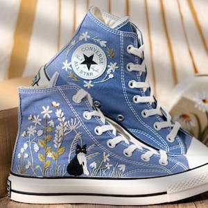 Blue Denim Cat And Floral Design Embroidery Converse, Custom Embroidered Sneakers High Top, Unique Converse Shoes, Custom Gift For Cat Lover
