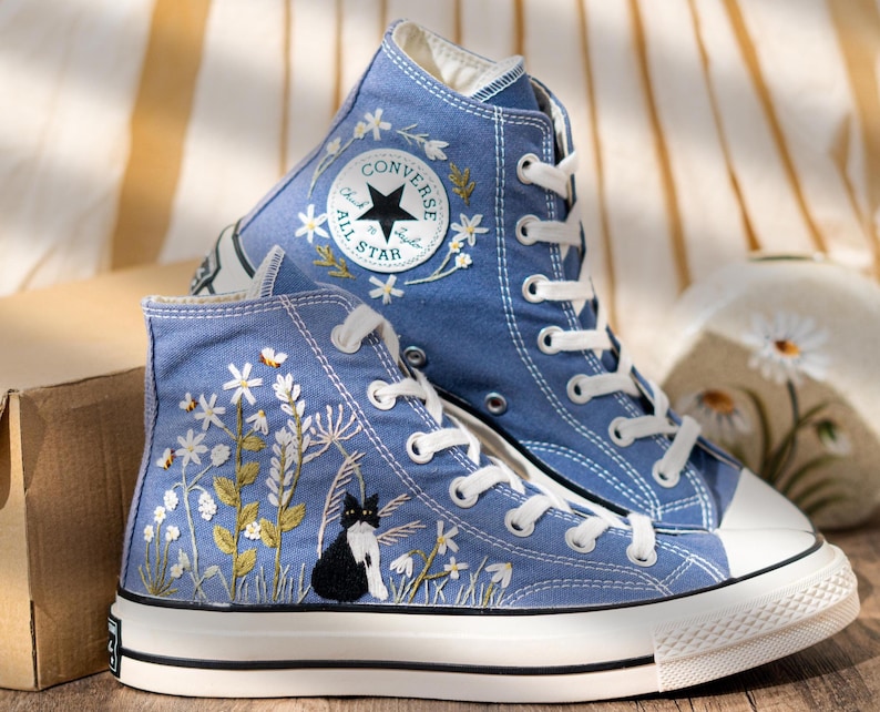 Blue Denim Cat And Floral Design Embroidery Converse, Custom Embroidered Sneakers High Top, Unique Converse Shoes, Custom Gift For Cat Lover