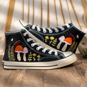 Customized Converse Shoes Embroidery Mushroom, Black High Top Sneakers Embroidered Floral Design, Vintage Embroidery Converse, Handmade Gift