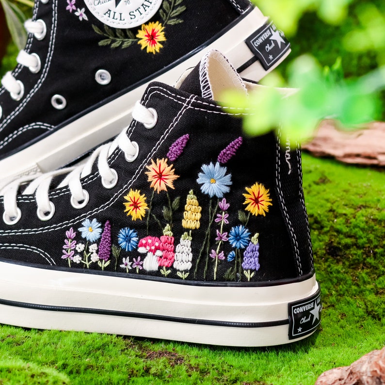 Custom Sunflower Embroidered Converse High Tops, Sunflower and Lavender, Mushroom Embroidered Shoes, Wildflower Embroidered Sneaker Custom