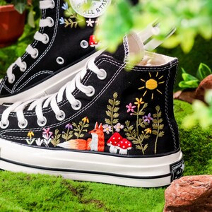 Embroidered Converse, Mushroom and Fox Embroidered Shoes Custom, Embroidered Converse High Tops Pet Mushroom and Sweet Sunflower Garden