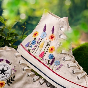 Customized Converse Embroidered Shoes, Converse High Tops 1970s Embroidered Sunflower Garden, Lavender, Converse Shoes Best Gift for Her
