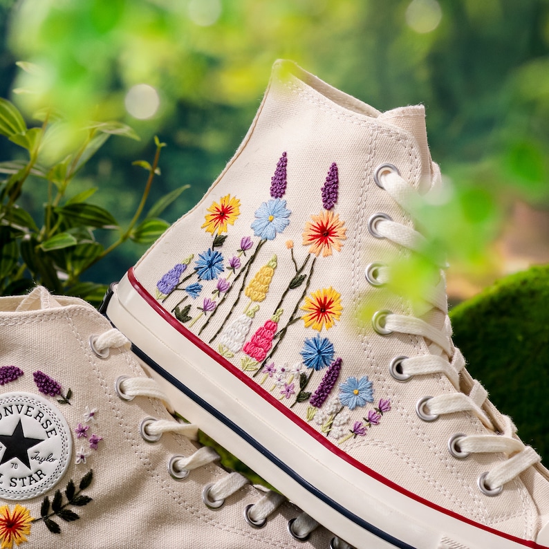 Customized Converse Embroidered Shoes, Converse High Tops 1970s Embroidered Sunflower Garden, Lavender, Converse Shoes Best Gift for Her