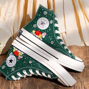 Green Christmas Converse Embroidered Santa, Snowflakes & Tree Embroidery　Shoes, Merry Christmas Personalized Converse, Holiday Gift for Her