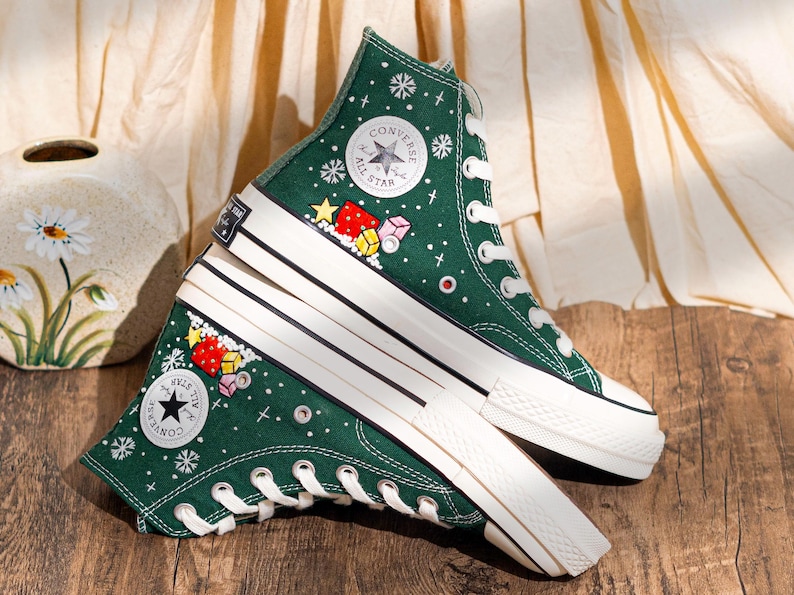 Green Christmas Converse Embroidered Santa, Snowflakes & Tree Embroidery　Shoes, Merry Christmas Personalized Converse, Holiday Gift for Her