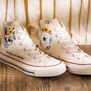 Custom Embroidered Converse Chuck Taylor High Top, Cream Converse Shoes Embroidery Skull & Sunflower, Unique Custom Sneakers, Halloween Gift