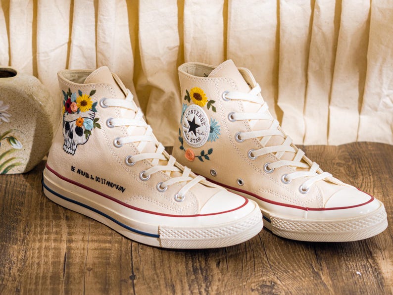 Custom Embroidered Converse Chuck Taylor High Top, Cream Converse Shoes Embroidery Skull & Sunflower, Unique Custom Sneakers, Halloween Gift