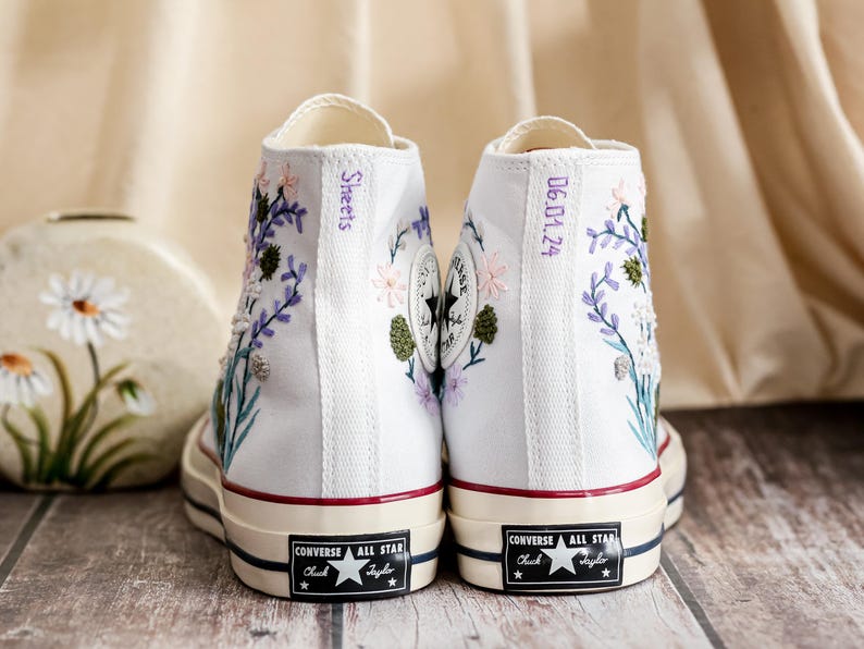 Custom Wedding Converse Platform, Wedding Flowers Embroidered Shoes Custom, Bridal Flowers Embroidered Sneakers, Wedding Flowers Embroiderey