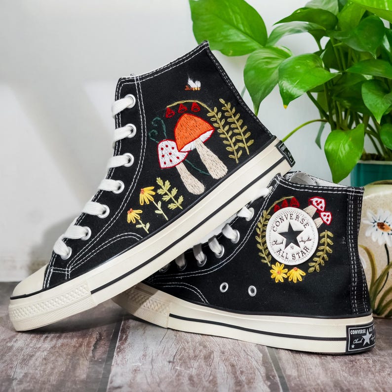 Embroidered Converse Mushroom, Butterfly, Converse Embroidery Mushroom, Custom Shoes Embroidered Butterfly, Mushrooms Sneakers, Gift for Her