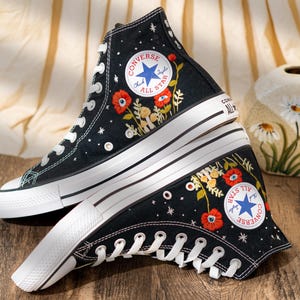 Unique Embroidered Converse High Tops, Mushroom Embroidery Converse, Red Floral Embroidered Sneakers With Eyes, Custom Shoes, Halloween Gift