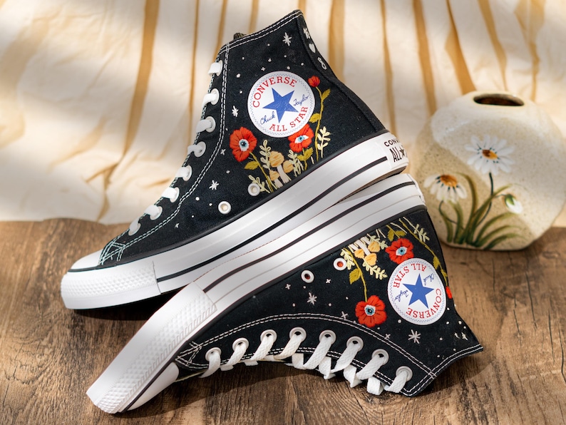 Unique Embroidered Converse High Tops, Mushroom Embroidery Converse, Red Floral Embroidered Sneakers With Eyes, Custom Shoes, Halloween Gift