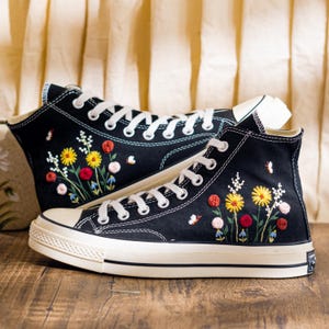 Custom Embroidered Converse Chuck Taylor High Top, Black Converse Embroidery Wildflower & Butterfly, Floral Embroidered Sneakers, Women Gift