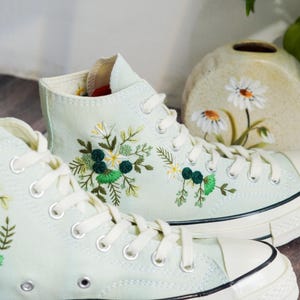 Custom Embroidered Converse Chuck Taylor, Green Flowers Embroidery Convese Shoes, Flower Wedding Embroidered Shoes, Gift for Her
