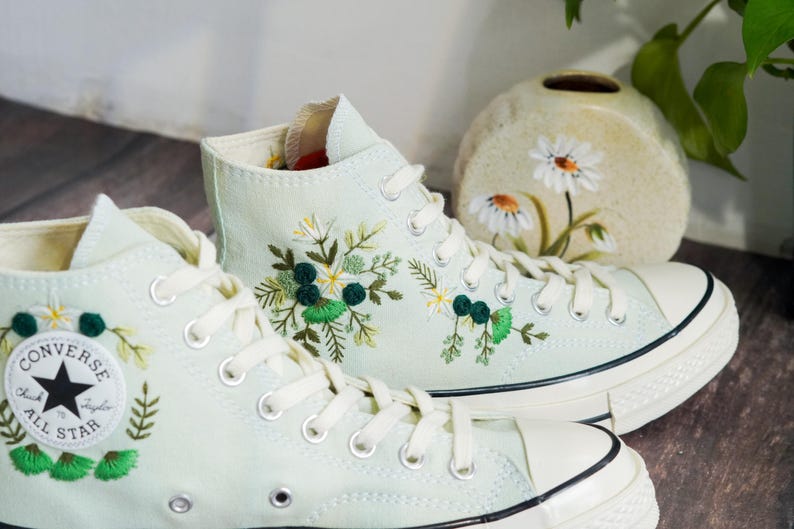 Custom Embroidered Converse Chuck Taylor, Green Flowers Embroidery Convese Shoes, Flower Wedding Embroidered Shoes, Gift for Her
