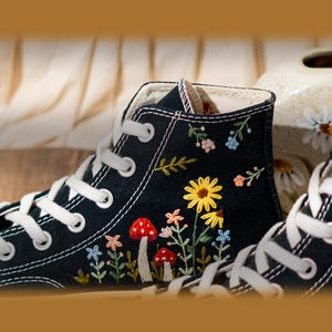 Vintage Embroidered Converse High Top, Handmade Floral & Mushroom Embroidery Converse Shoes, Custom Embroidered Sneakers Black, Fashion Gift