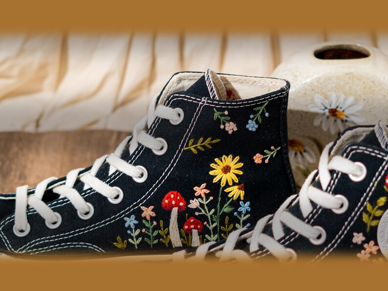 Vintage Embroidered Converse High Top, Handmade Floral & Mushroom Embroidery Converse Shoes, Custom Embroidered Sneakers Black, Fashion Gift