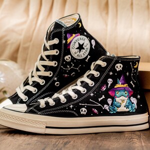 Frog Witch Embroidered Sneakers, Gothic Spooky Cute Converse Halloween Aesthetic