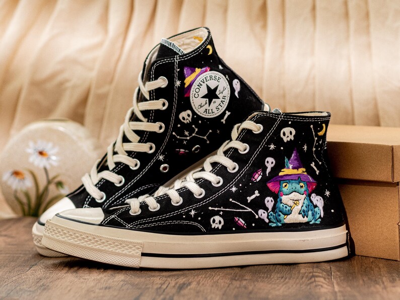 Frog Witch Embroidered Sneakers, Gothic Spooky Cute Converse Halloween Aesthetic