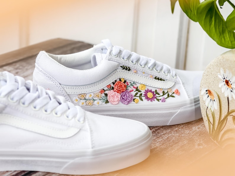 Bridal Flower Embroidered Vans, 3D Flowers Embroidered Vans for Bride, Wedding Flowers Embroidered Shoes, Sneakers Wedding Embroidery Floral