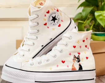 Custom Cat Embroidered Converse Platform, Heart and Cat