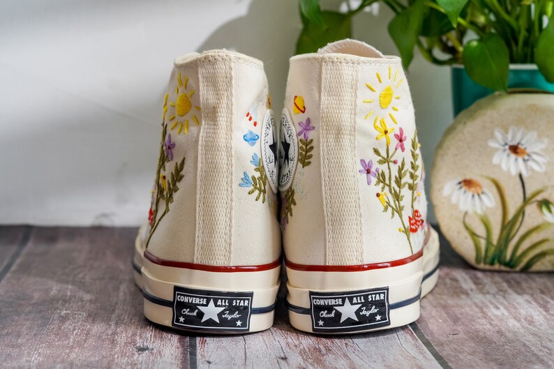 Embroidered Converse, Custom Converse Embroidered Flower and Mushroom Garden, Mushroom and Floral Embroidery Shoes for Women, Gift For Her