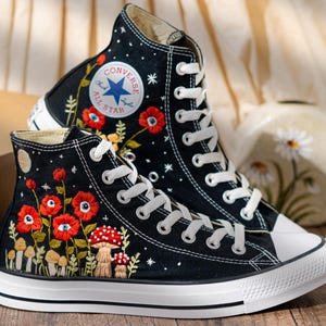 Unique Embroidered Converse High Tops, Mushroom Embroidery Converse, Red Floral Embroidered Sneakers With Eyes, Custom Shoes, Halloween Gift