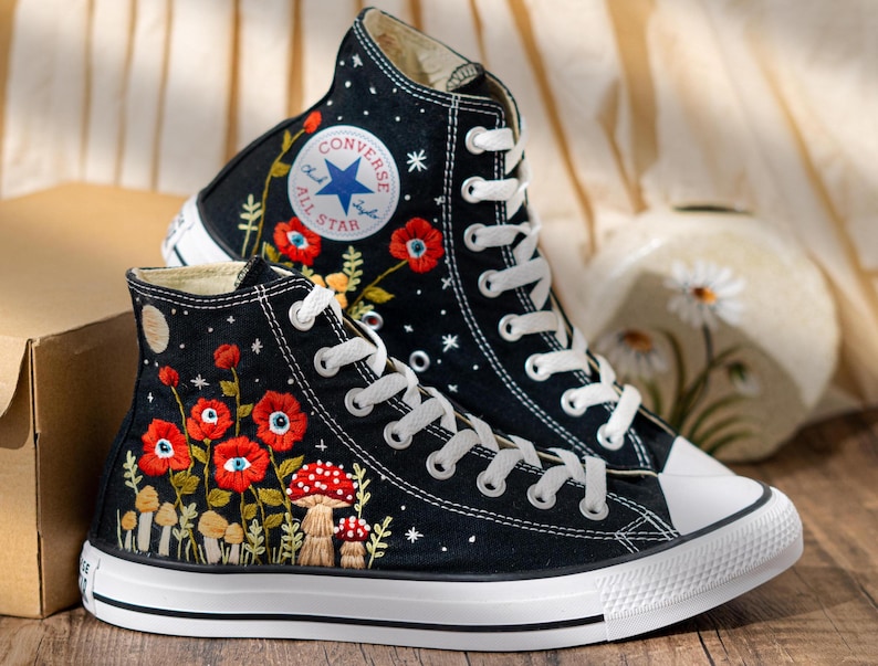 Unique Embroidered Converse High Tops, Mushroom Embroidery Converse, Red Floral Embroidered Sneakers With Eyes, Custom Shoes, Halloween Gift