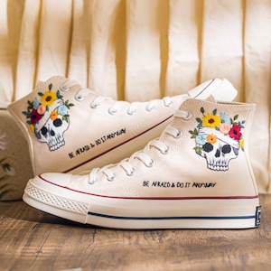 Custom Embroidered Converse Chuck Taylor High Top, Cream Converse Shoes Embroidery Skull & Sunflower, Unique Custom Sneakers, Halloween Gift
