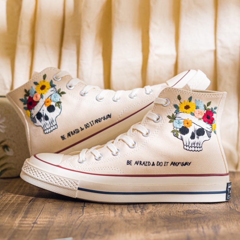 Custom Embroidered Converse Chuck Taylor High Top, Cream Converse Shoes Embroidery Skull & Sunflower, Unique Custom Sneakers, Halloween Gift