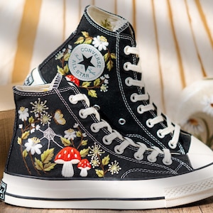 Unique Woodland Design Embroidered Converse, Custom Embroidered Sneakers High Top, Mushroom & Floral Embroidery Converse, Nature Lover Gift