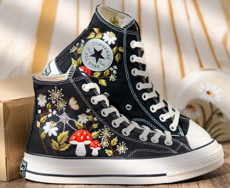 Unique Woodland Design Embroidered Converse, Custom Embroidered Sneakers High Top, Mushroom & Floral Embroidery Converse, Nature Lover Gift