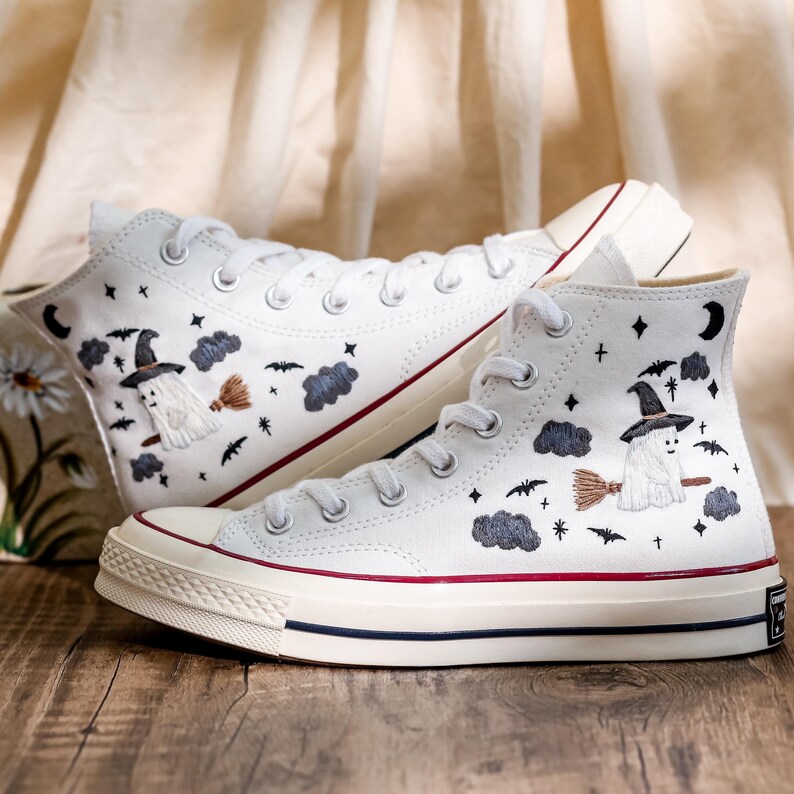 Embroidered Converse High Tops, Ghost Embroidered Shoes Custom, Halloween Embroidered Sneakers, Converse Embroidery Ghost, Halloween Gifts
