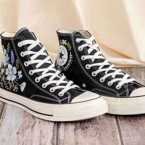 Custom Converse Embroidered, Flowers Embroidered Converse Women, Blue Flax and Flowers Embroidered Sneakers, Lavender Embroidered Sneakers
