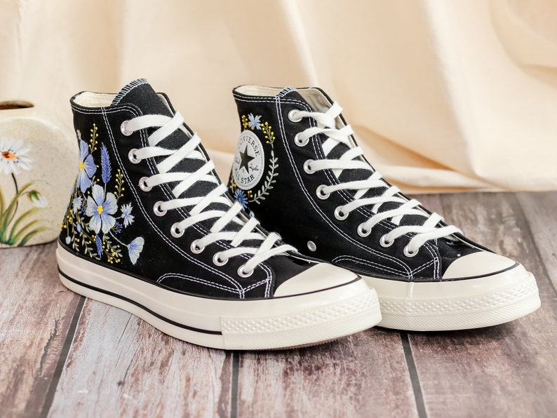 Custom Converse Embroidered, Flowers Embroidered Converse Women, Blue Flax and Flowers Embroidered Sneakers, Lavender Embroidered Sneakers