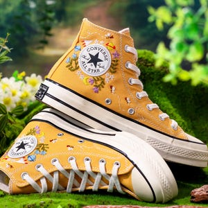 Embroidered Yellow Converse,Custom High Tops Embroidered Tiny Wildflower Garden, Flower Embroidered Converse Shoes,Floral Embroidery Sneaker