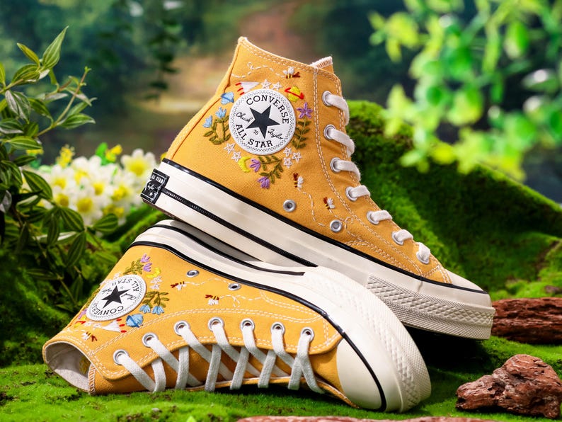 Embroidered Yellow Converse,Custom High Tops Embroidered Tiny Wildflower Garden, Flower Embroidered Converse Shoes,Floral Embroidery Sneaker