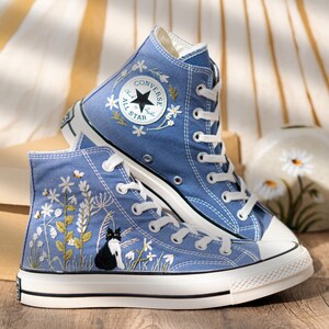 Blue Denim Cat And Floral Design Embroidery Converse, Custom Embroidered Sneakers High Top, Unique Converse Shoes, Custom Gift For Cat Lover