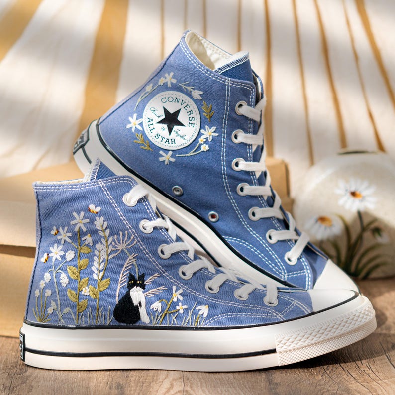 Blue Denim Cat And Floral Design Embroidery Converse, Custom Embroidered Sneakers High Top, Unique Converse Shoes, Custom Gift For Cat Lover
