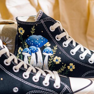 Mystical Embroidered Converse High Tops, Black Sneakers Embroidery With Blue Mushroom Embroidery & Floral, Unique Custom Shoes, Custom Gifts