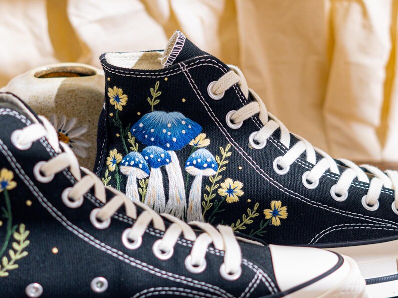 Mystical Embroidered Converse High Tops, Black Sneakers Embroidery With Blue Mushroom Embroidery & Floral, Unique Custom Shoes, Custom Gifts