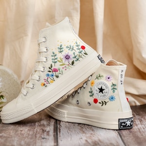 Custom Bridal Flowers Embroidered Converse for Wedding, Flowers Embroidered Sneakers for Bride, Flowers Embroidered Shoes, Wedding Gifts