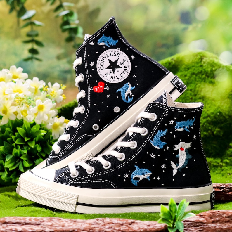 Embroidered Converse, Shark Embroidered Shoes, Hammerhead Shark Embroidered Converse Custom, Shark Embroidered Sneaker, Ocean Gifts for Her