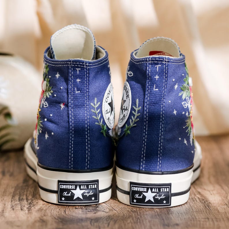 Embroidered Converse, Converse Embroidery Poinsettia Flowers, Christmas Embroidered Shoes, Snowflakes Embroidery Sneakers, Christmas Gifts