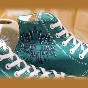 Unique Embroidered Converse High Tops, Green Sneakers Embroidered With Village Guard Motif And Dandelion Art, Unique Custom Shoes, Gift Idea