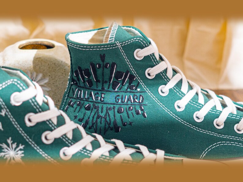 Unique Embroidered Converse High Tops, Green Sneakers Embroidered With Village Guard Motif And Dandelion Art, Unique Custom Shoes, Gift Idea