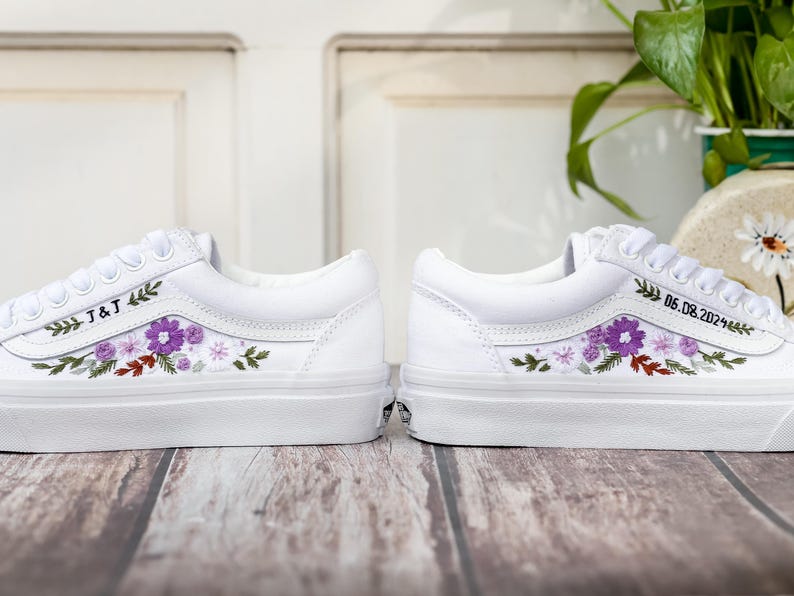 Vans Embroidery, Anniversary Date and Flower Embroidered Vans Wedding, Bridal Flower Embroidery Shoes, Personalized Shoes for Bride & Groom