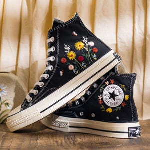 Custom Embroidered Converse Chuck Taylor High Top, Black Converse Embroidery Wildflower & Butterfly, Floral Embroidered Sneakers, Women Gift