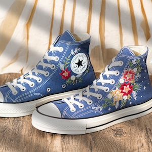 Custom Floral Embroidery Converse For Holiday, Poinsettia Embroidered Converse High Top, Custom Embroidered Sneakers Navy Blue, Women Gift