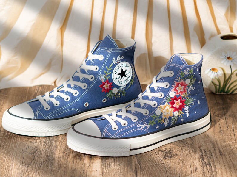 Custom Floral Embroidery Converse For Holiday, Poinsettia Embroidered Converse High Top, Custom Embroidered Sneakers Navy Blue, Women Gift