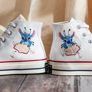 Custom Blue Alien Embroidered Converse High Tops, Converse Embroidery Book, Blue Alien Embroidered Shoes Custom,  Birthday Gifts for Her